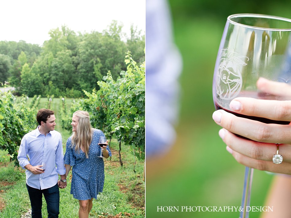 strolling through the vineyard holding hands surprise proposal nude pink manicure round solitaire engagement ring horn photography and design