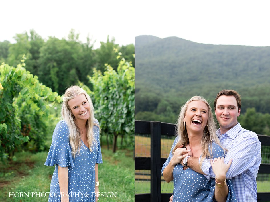happy engaged couple embracing with rolling mountain landscape Cleveland Georgia horn photography and design