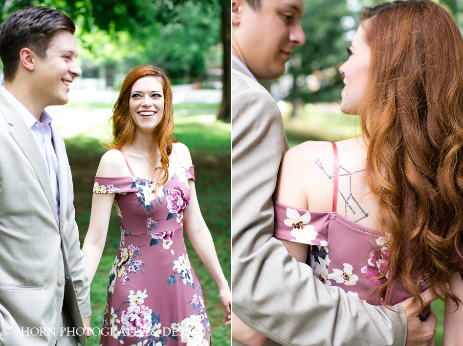 engagement outfit ideas for redheads floral off the shoulder dress Orion constellation tattoo North Georgia horn photography and design