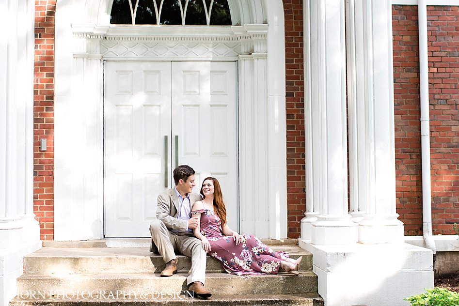 engagement photo pose on steps of vintage building University of North Georgia campus horn photography and design