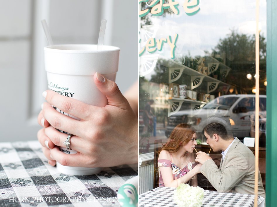 unique engagement ring photo couple sharing drink inside bakery Dahlonega Georgia Southern Charm horn photography and design