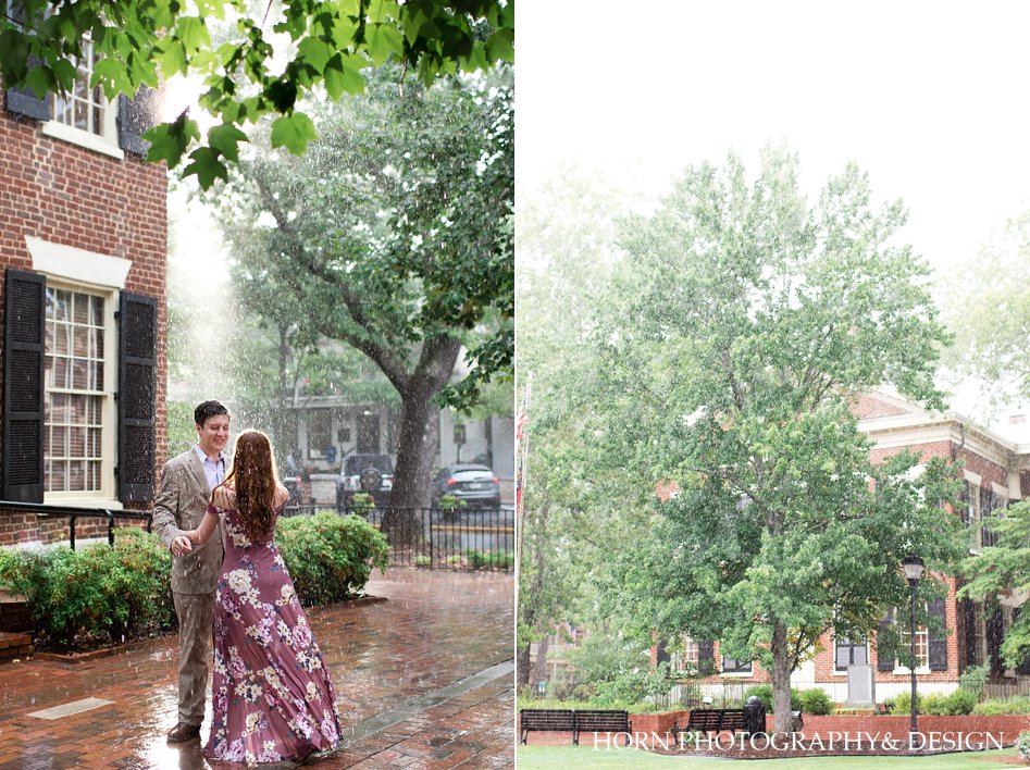 engagement photo session caught in the rain dancing spring shower landscape of historic Dahlonega Georgia horn photography and design