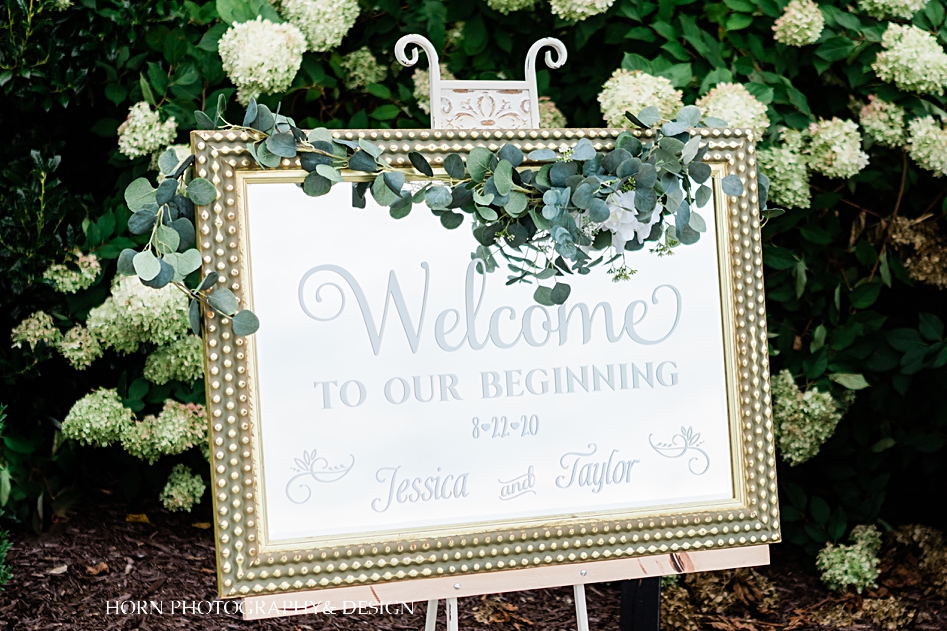 Welcome sign  mirror at Scottish vineyard wedding kaya vineyard horn photography and design Atlanta wedding photographer 
