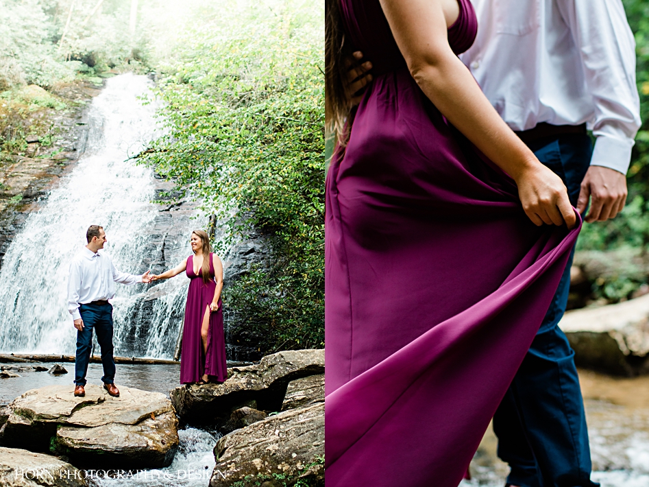 Appalachian Waterfall Engagement  purple dress