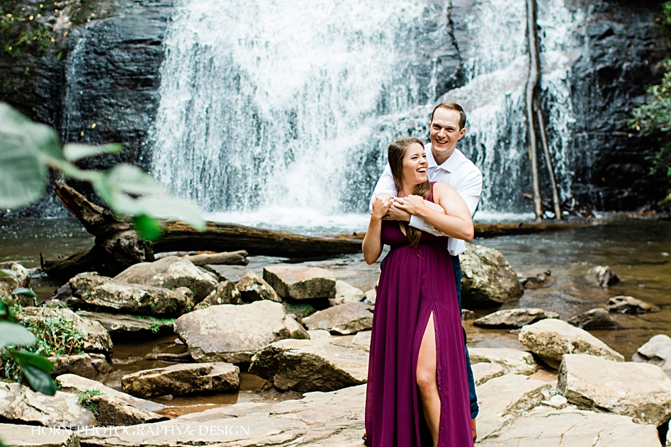 purple dress with thigh slit waterfall engagement shoot