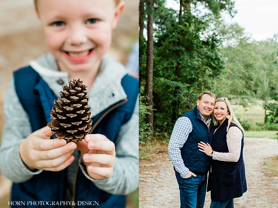 couple poses Starr's Mill Family session Georgia family lifestyle photographers son holds pinecone