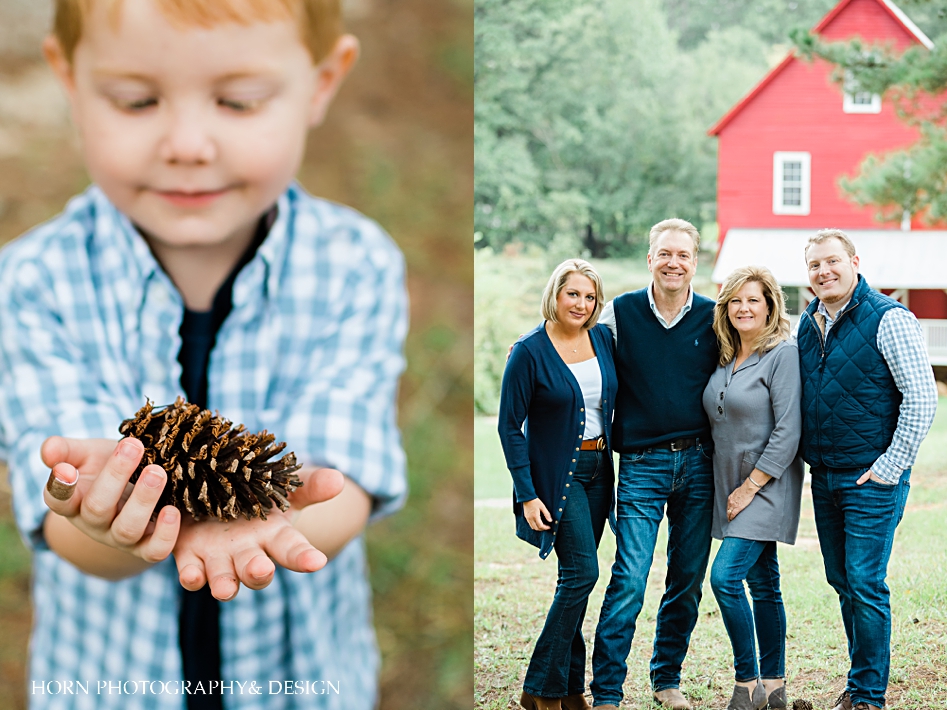 Starr's Mill Family session Georgia family lifestyle photographers grandson holds pinecone