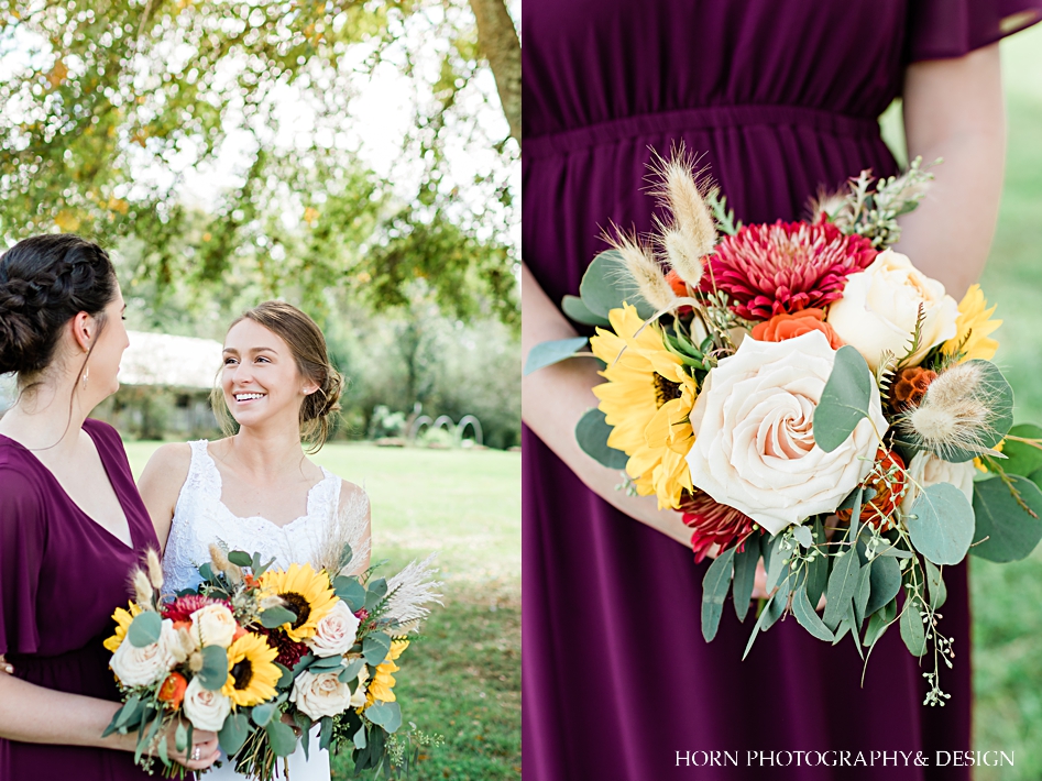 bride and bridesmaids wine colored dress fall florals