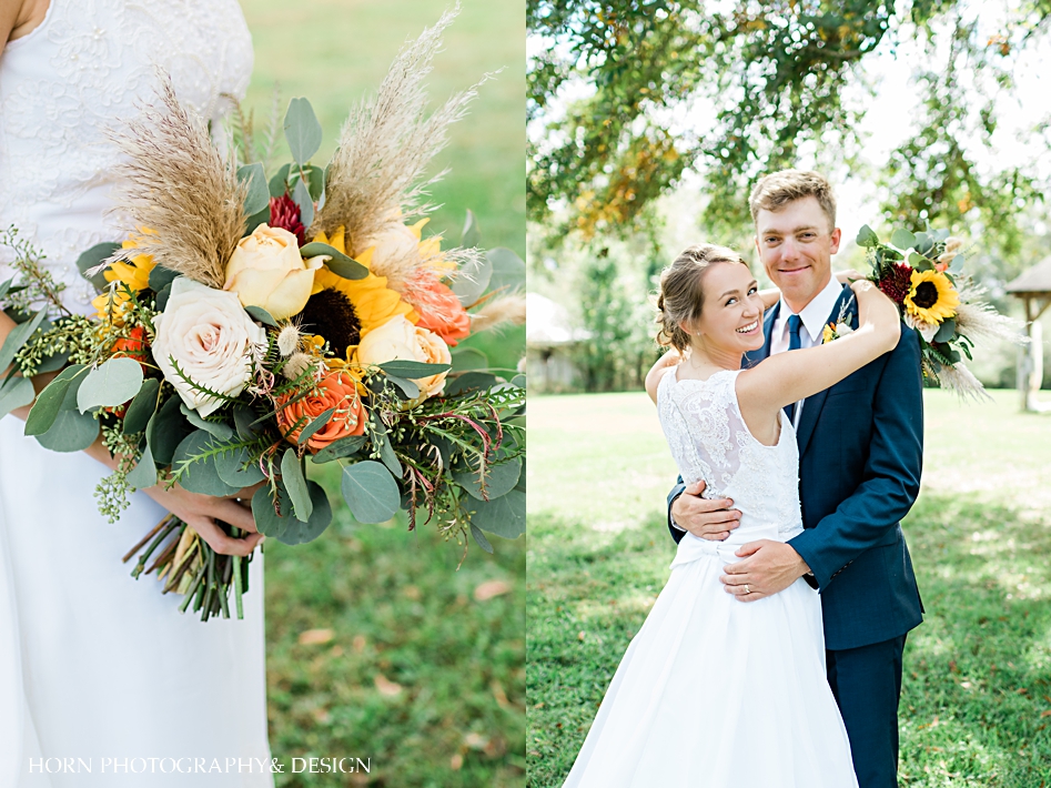 fall floral bouquet bride and groom pose