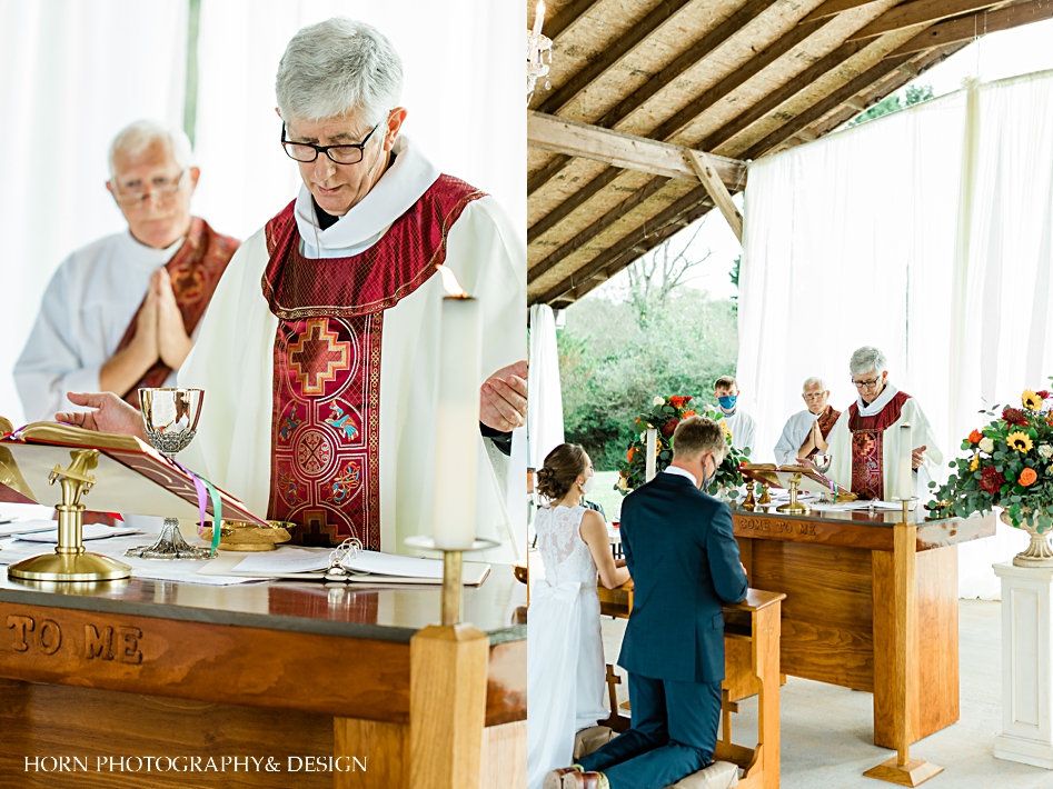 holy communion outdoor catholic wedding Horn photography and design St. Anna Church wedding bride and groom kneeling in front of altar